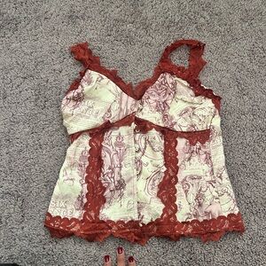 PrettyLittleThing Red and Cream Lace Camisole